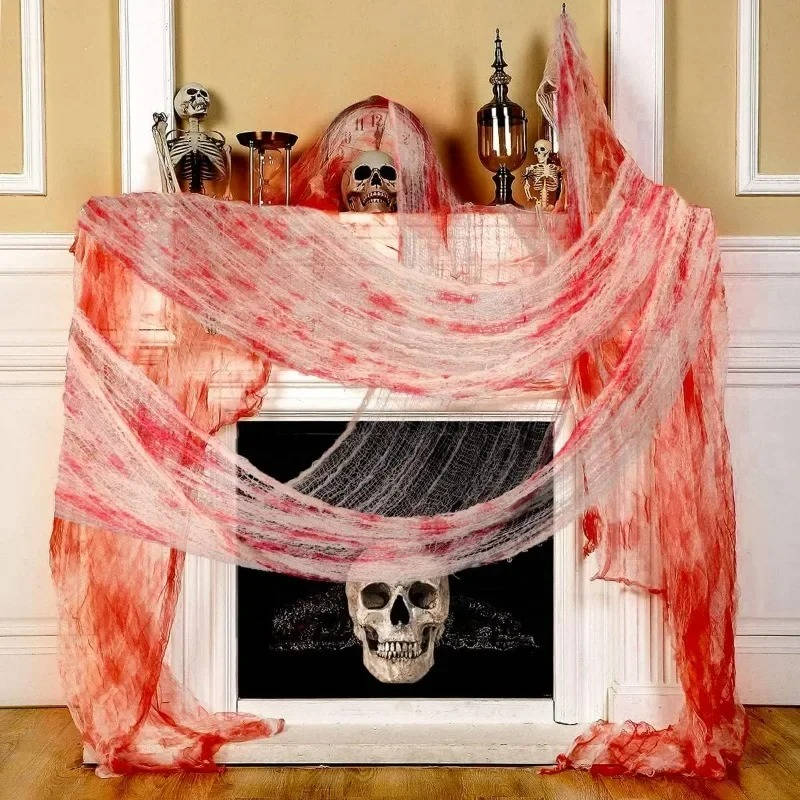 Tissu effrayant Halloween, toile déchirée à suspendre en intérieur et au jardin, noir ou blanc taché de sang, lavable, à
