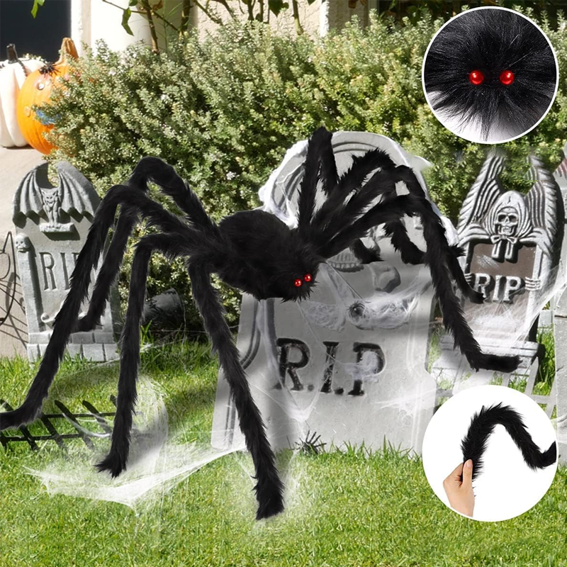 Toile d'araignée géante pour Halloween 700 × 550 cm avec piquets et crochet, araignée noire poilue 30 cm aux yeux rouges