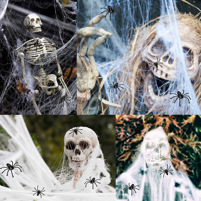 Toile d'araignée géante pour Halloween 700 × 550 cm avec piquets et crochet, araignée noire poilue 30 cm aux yeux rouges
