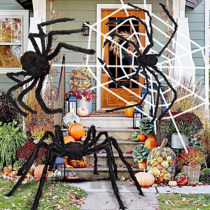 Toile d'araignée géante pour Halloween 700 × 550 cm avec piquets et crochet, araignée noire poilue 30 cm aux yeux rouges