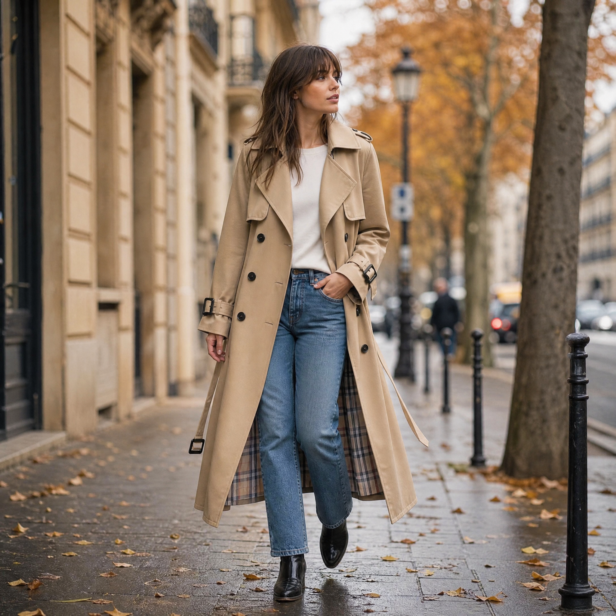 Trench-coat femme long double boutonnage avec ceinture, épaulettes et doublure à carreaux, trench classique en 7 coloris