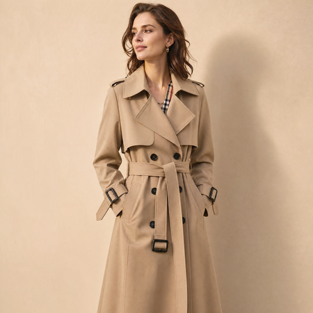 Trench-coat femme long double boutonnage avec ceinture, épaulettes et doublure à carreaux, trench classique en 7 coloris