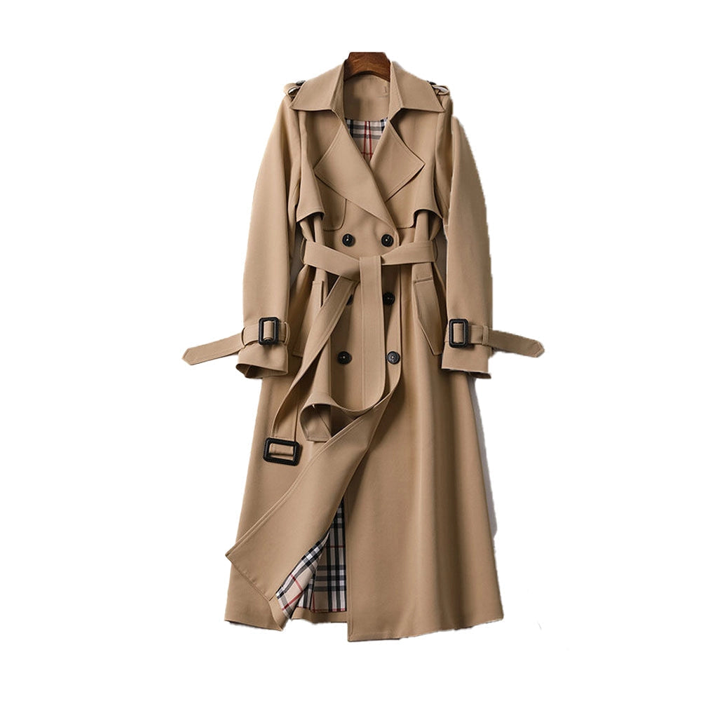 Trench-coat femme long double boutonnage avec ceinture, épaulettes et doublure à carreaux, trench classique en 7 coloris