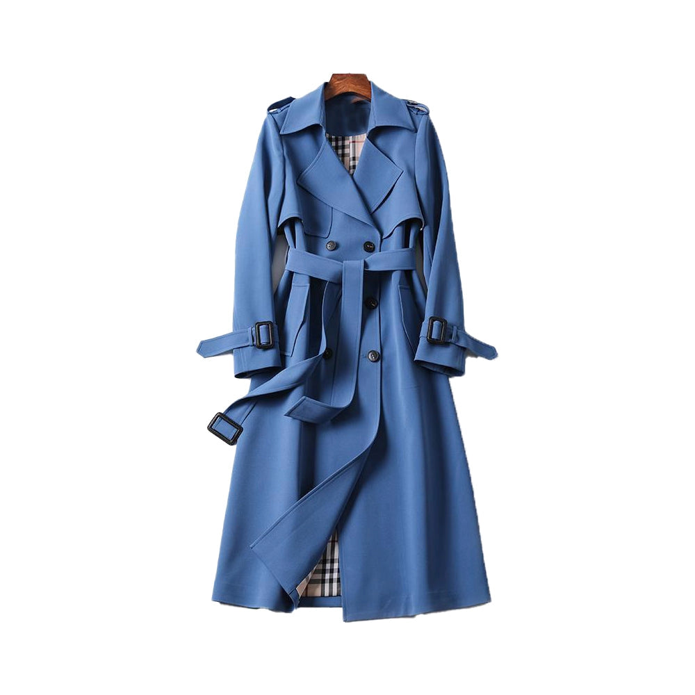 Trench-coat femme long double boutonnage avec ceinture, épaulettes et doublure à carreaux, trench classique en 7 coloris