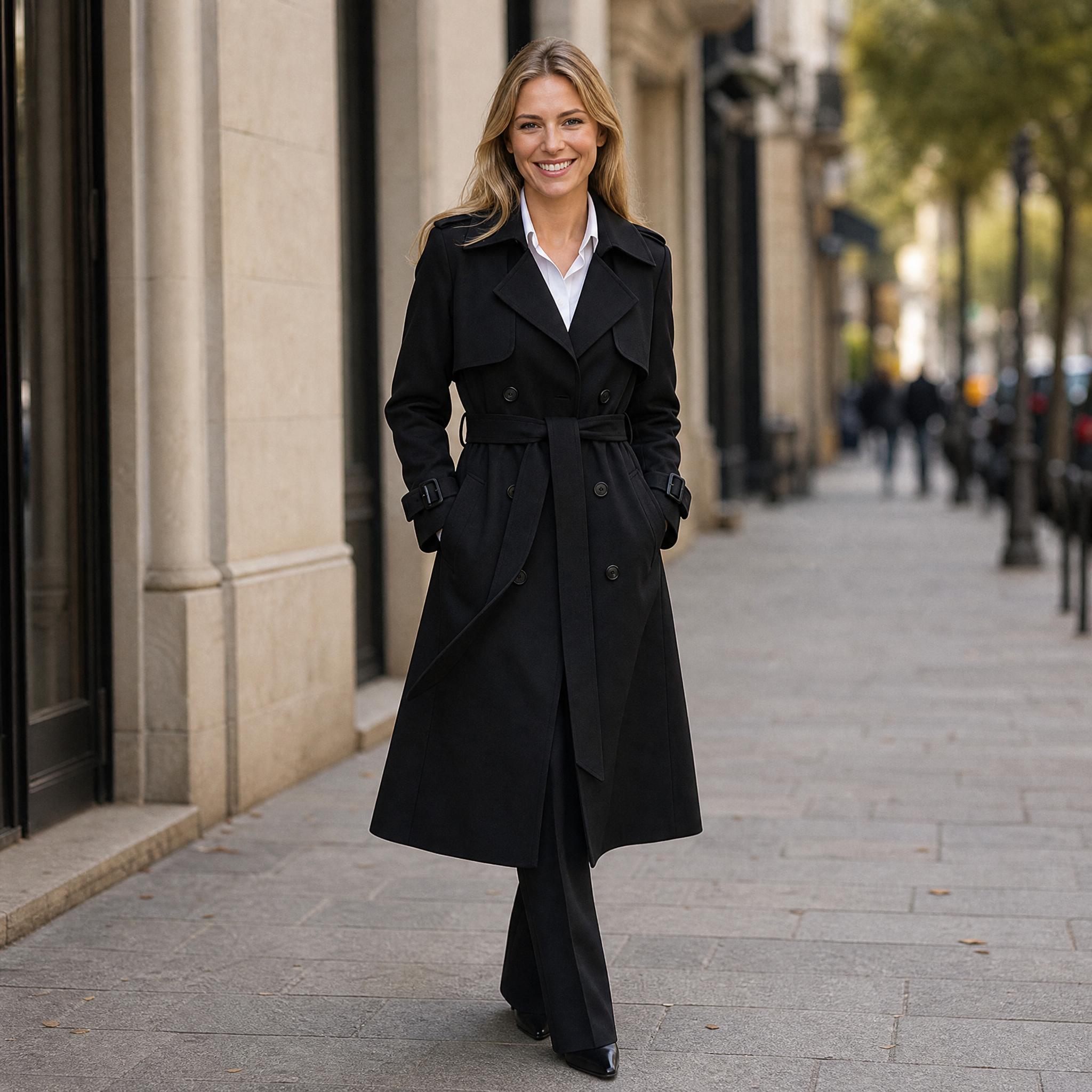 Trench-coat femme long double boutonnage avec ceinture, larges revers, épaulettes et poignets à boucle, pour le bureau e