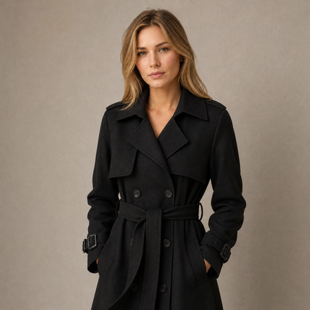 Trench-coat femme long double boutonnage avec ceinture, larges revers, épaulettes et poignets à boucle, pour le bureau e