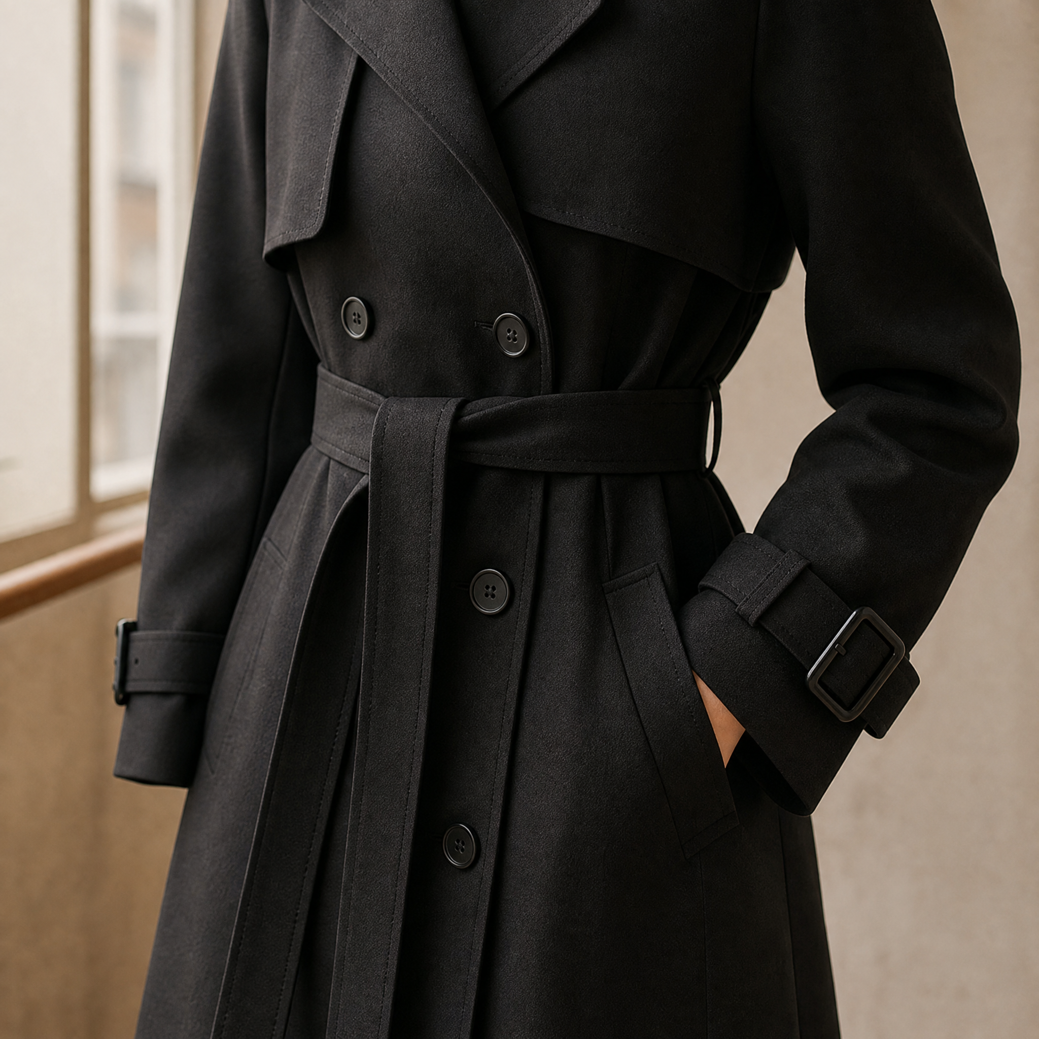 Trench-coat femme long double boutonnage avec ceinture, larges revers, épaulettes et poignets à boucle, pour le bureau e