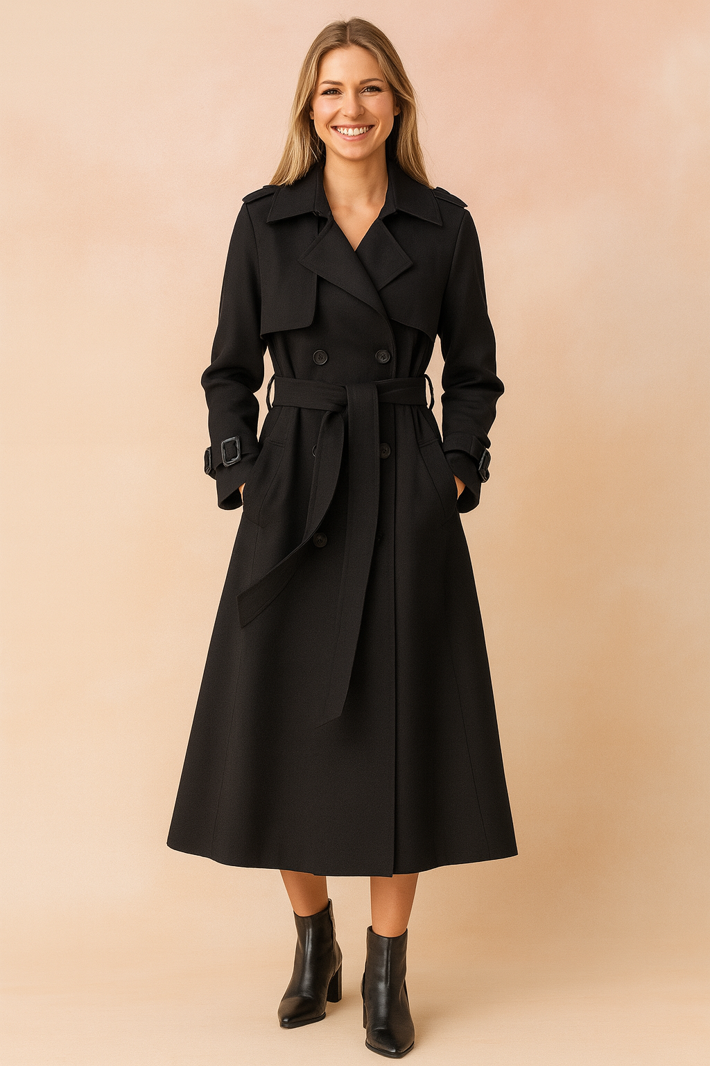 Trench-coat femme long double boutonnage avec ceinture, larges revers, épaulettes et poignets à boucle, pour le bureau e