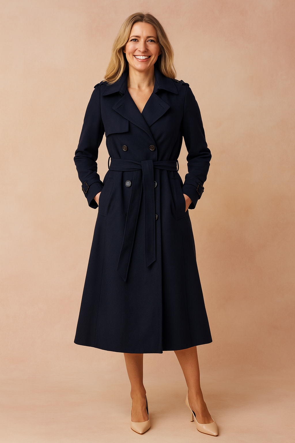 Trench-coat femme long double boutonnage avec ceinture, larges revers, épaulettes et poignets à boucle, pour le bureau e