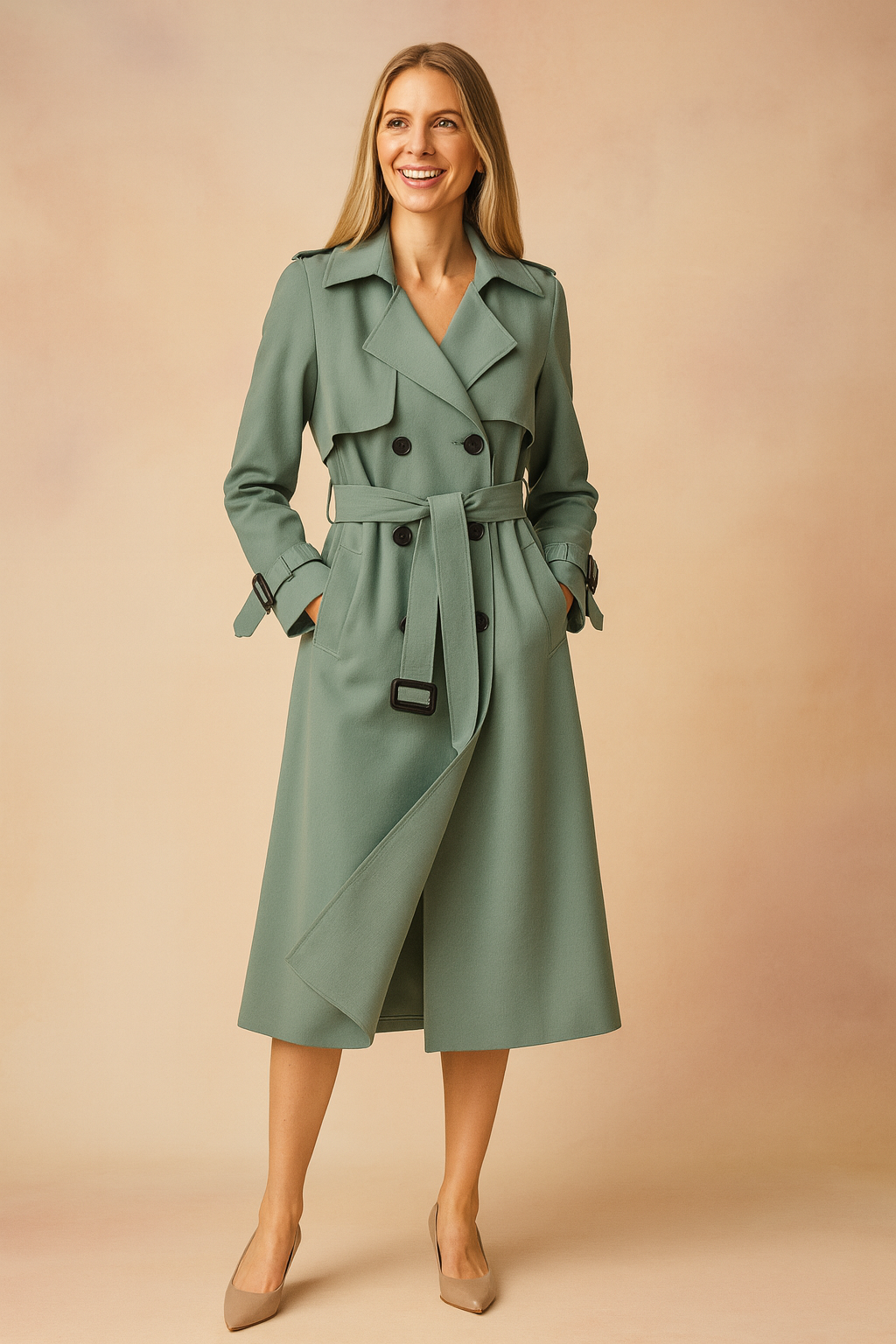 Trench-coat femme long double boutonnage avec ceinture, larges revers, épaulettes et poignets à boucle, pour le bureau e