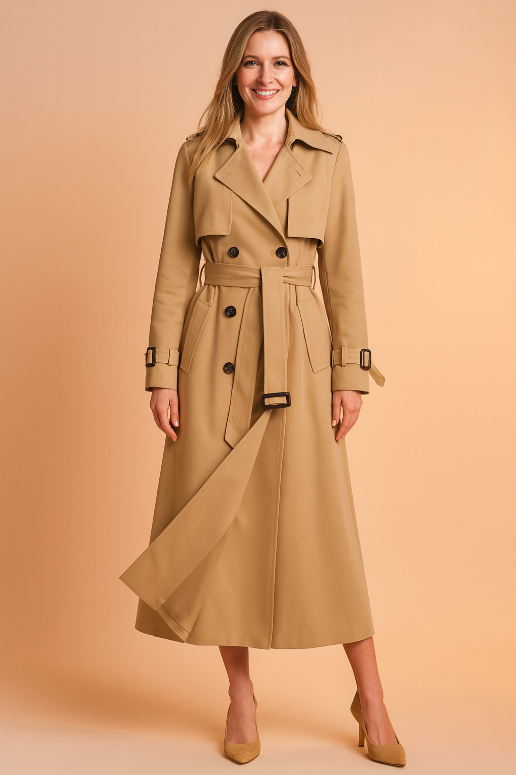 Trench-coat femme long double boutonnage avec ceinture, larges revers, épaulettes et poignets à boucle, pour le bureau e