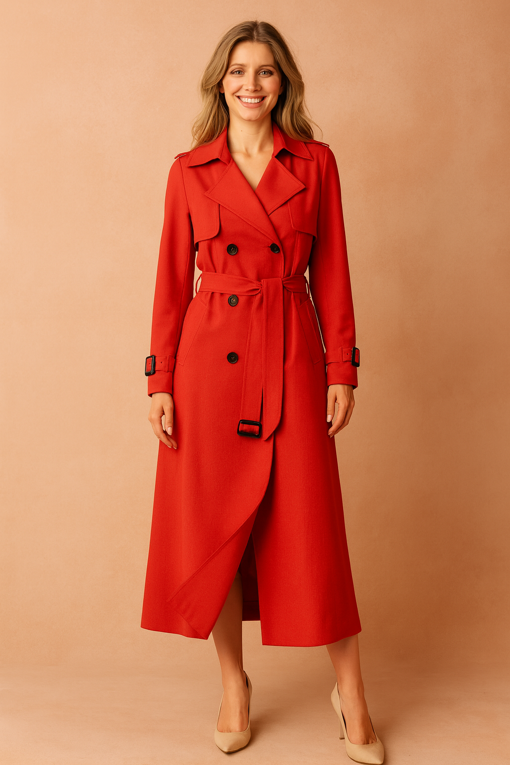 Trench-coat femme long double boutonnage avec ceinture, larges revers, épaulettes et poignets à boucle, pour le bureau e