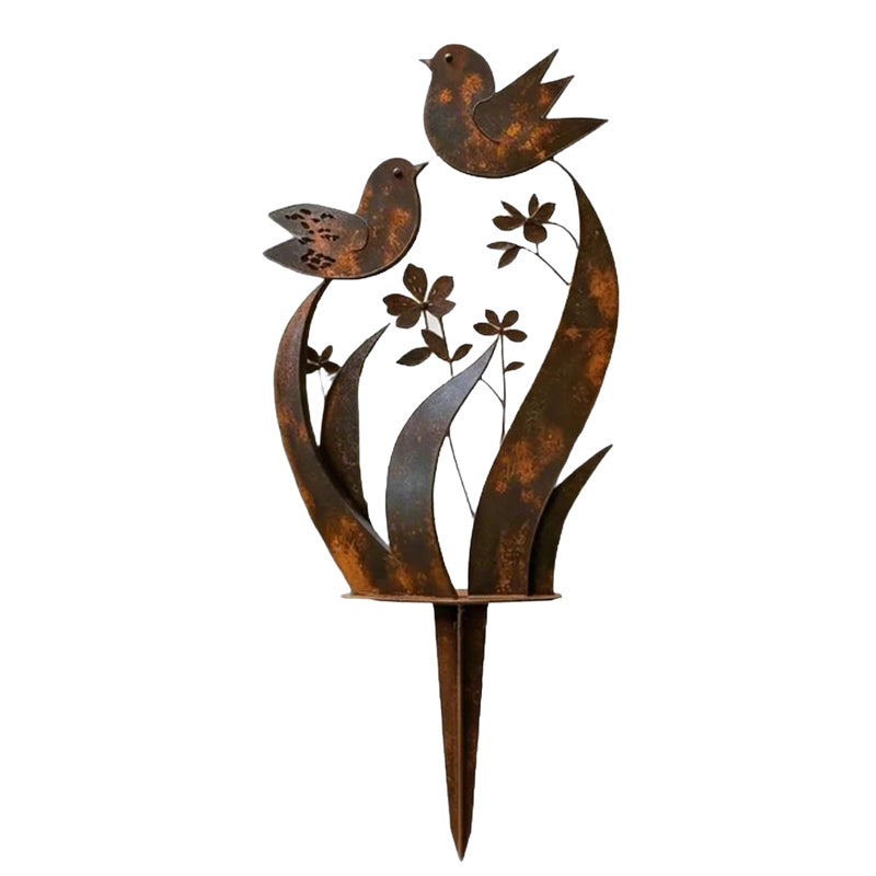 Tuteur de jardin | Silhouette oiseau et fleur | Finition fer vieilli