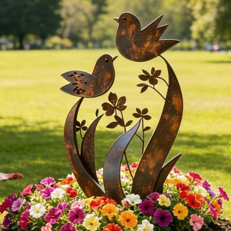 Tuteur de jardin | Silhouette oiseau et fleur | Finition fer vieilli