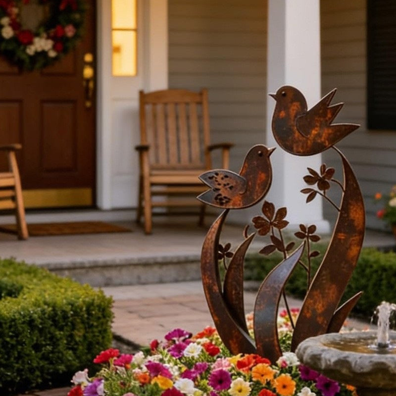 Tuteur de jardin | Silhouette oiseau et fleur | Finition fer vieilli