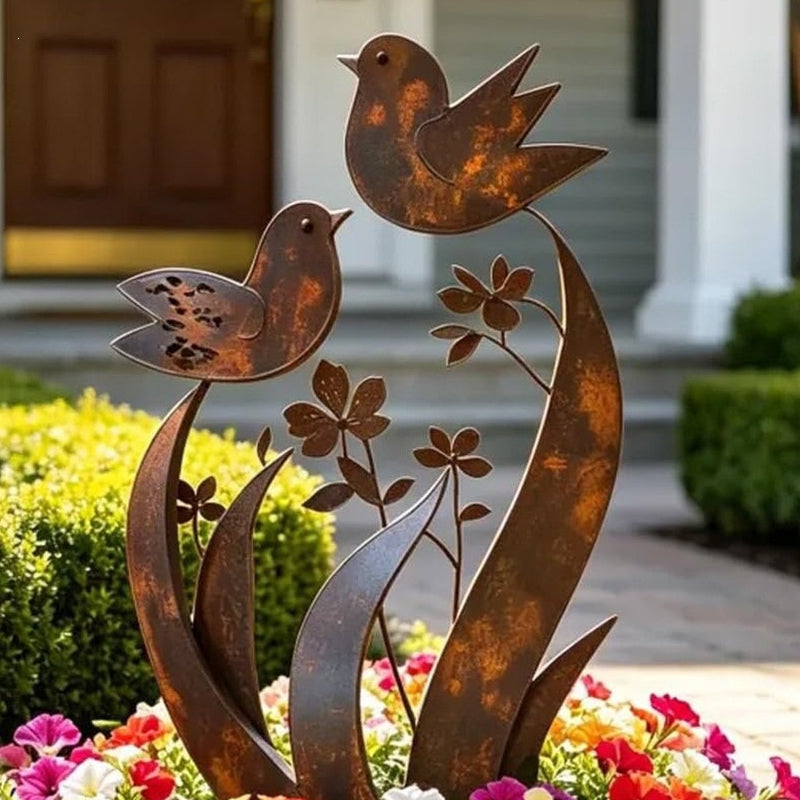 Tuteur de jardin | Silhouette oiseau et fleur | Finition fer vieilli