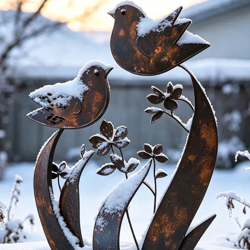 Tuteur de jardin | Silhouette oiseau et fleur | Finition fer vieilli