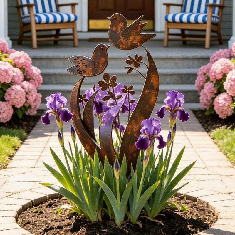 Tuteur de jardin | Silhouette oiseau et fleur | Finition fer vieilli