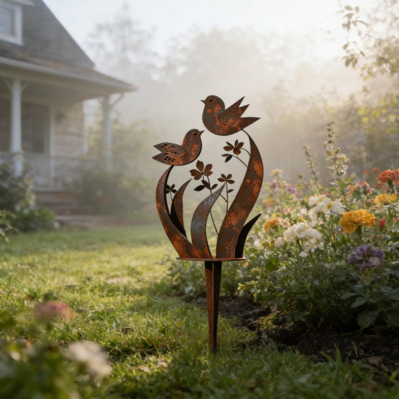 Tuteur de jardin | Silhouette oiseau et fleur | Finition fer vieilli