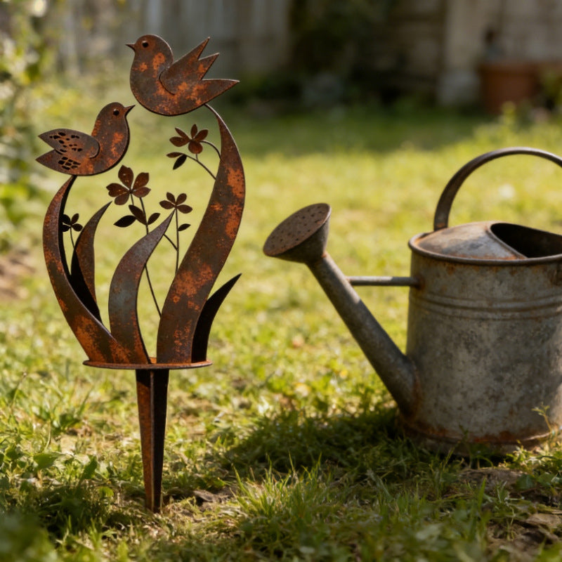 Tuteur de jardin | Silhouette oiseau et fleur | Finition fer vieilli