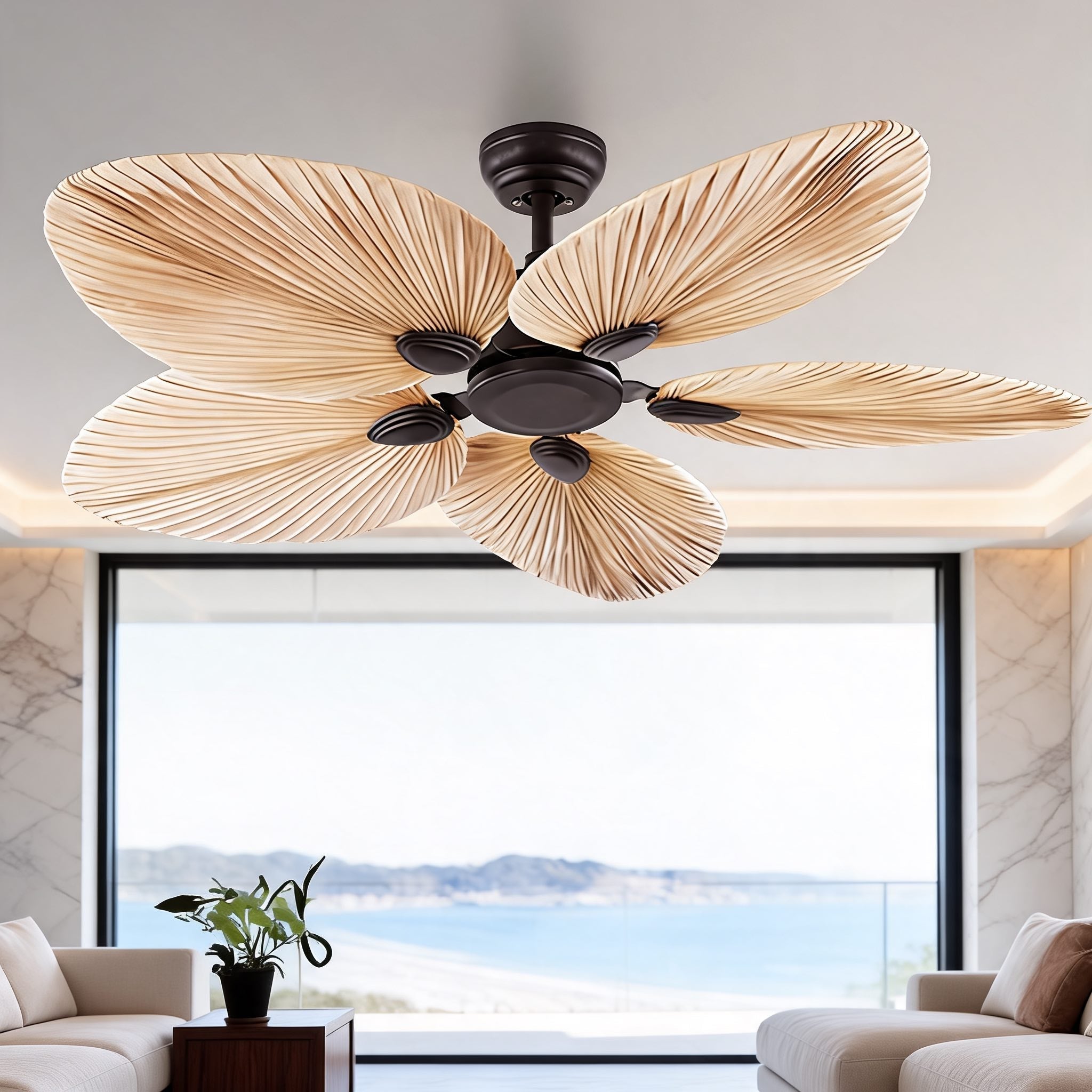 Ventilateur de plafond feuilles de palmier — éclairage intégré, télécommande, flux d'air réversible