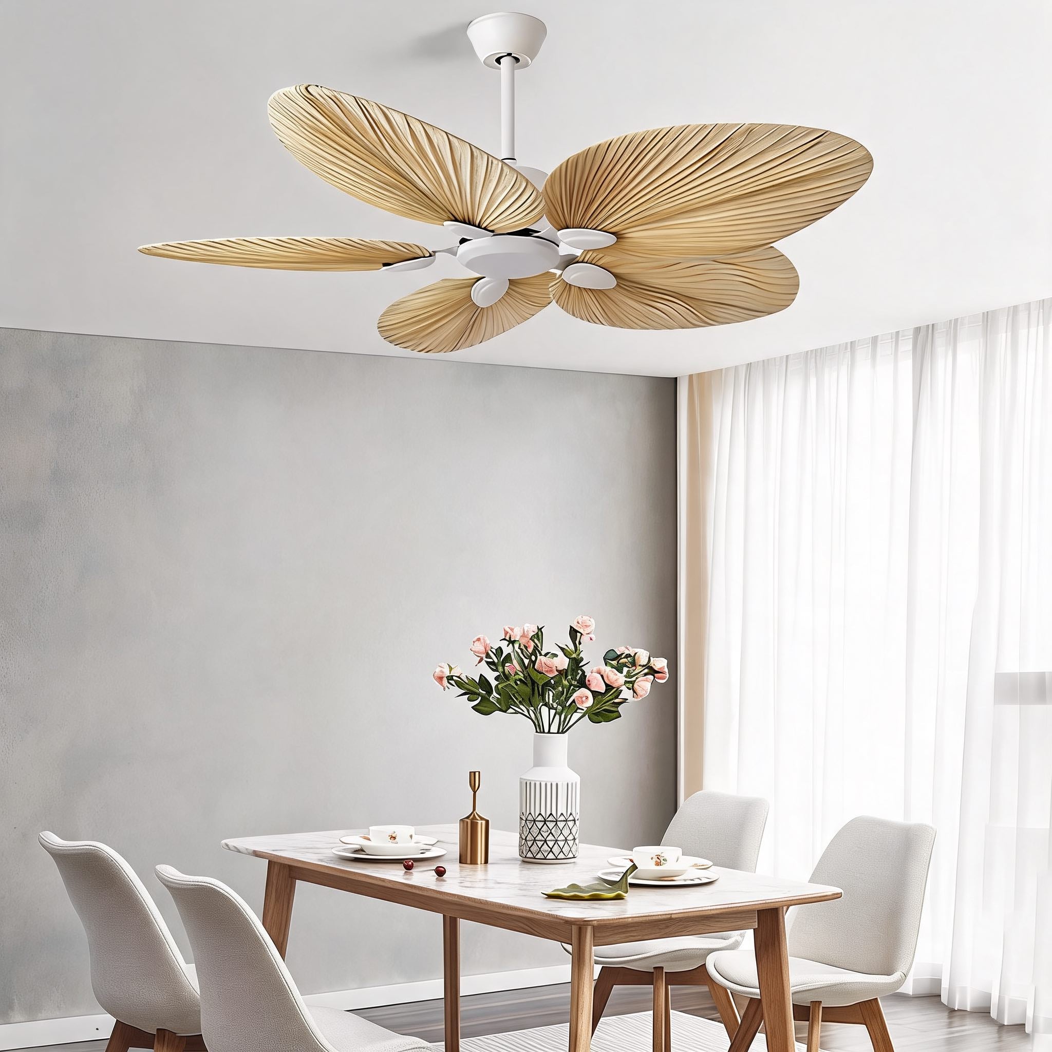 Ventilateur de plafond feuilles de palmier — éclairage intégré, télécommande, flux d'air réversible