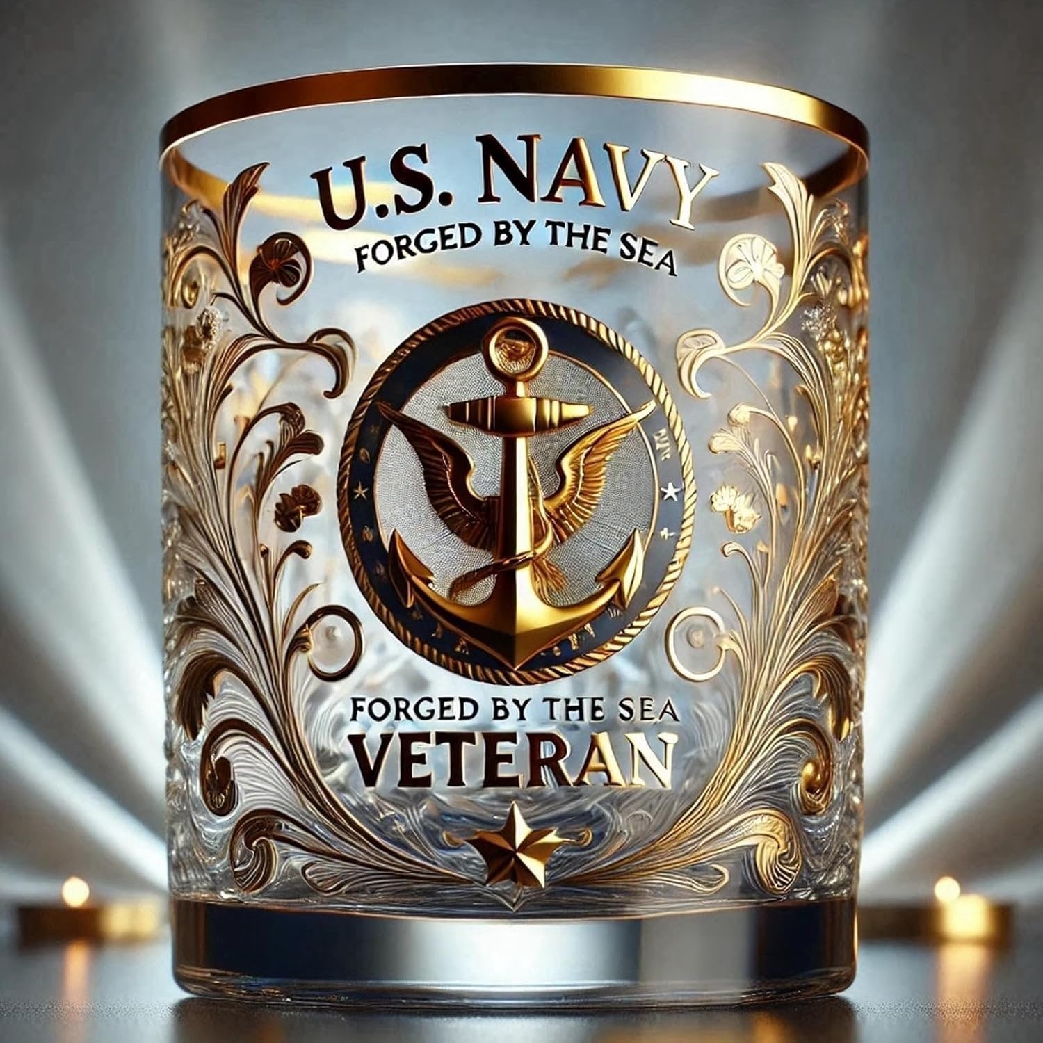 Verre à whiskey élégant avec emblèmes militaires et accents dorés