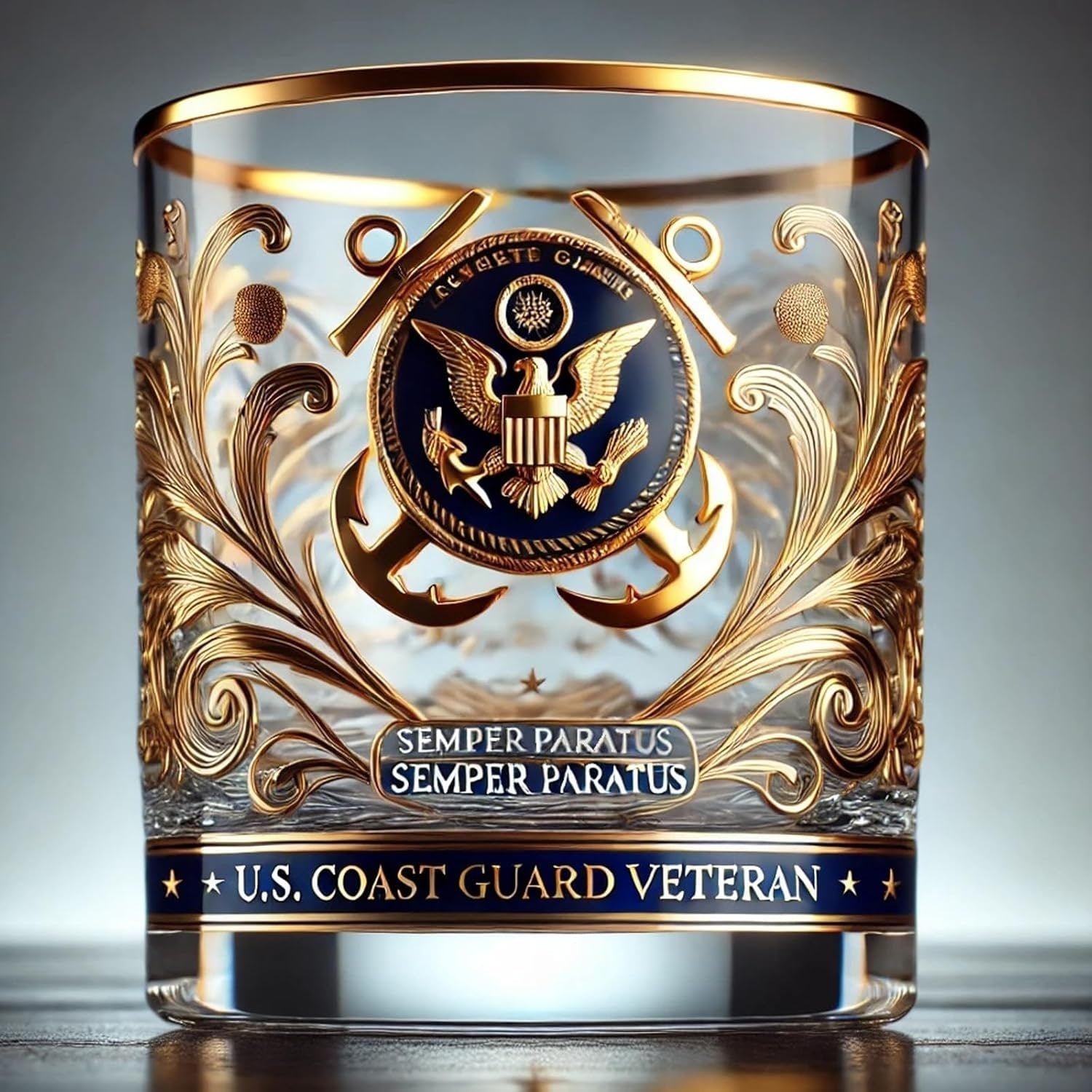 Verre à whiskey élégant avec emblèmes militaires et accents dorés
