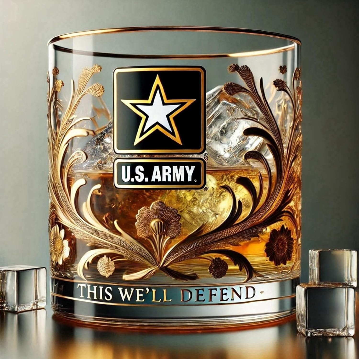 Verre à whiskey élégant avec emblèmes militaires et accents dorés