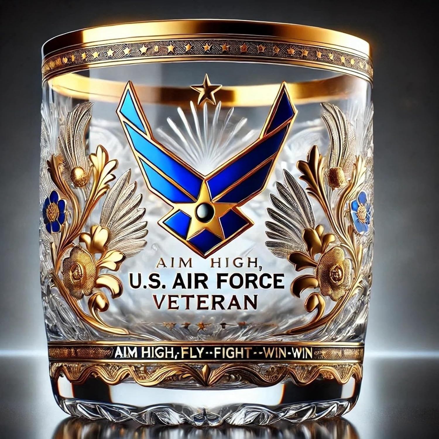 Verre à whiskey élégant avec emblèmes militaires et accents dorés