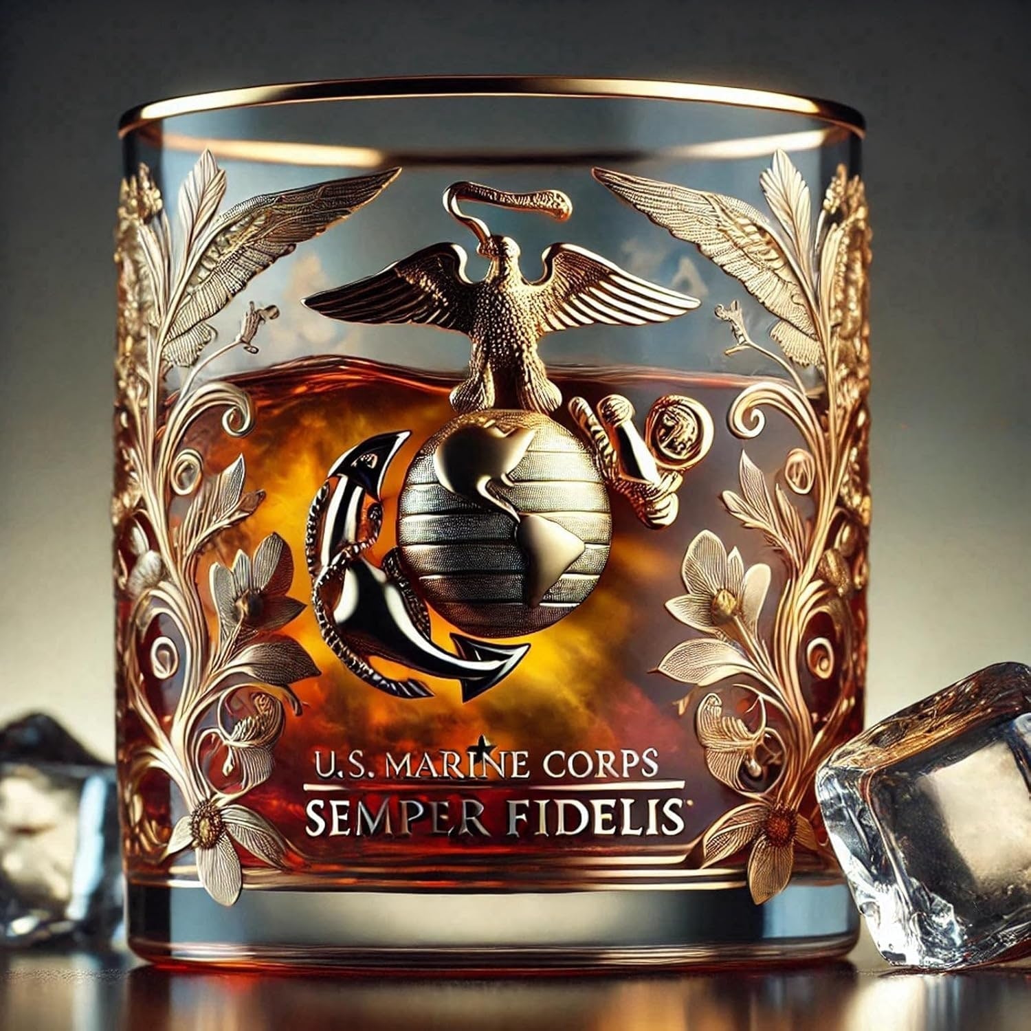 Verre à whiskey élégant avec emblèmes militaires et accents dorés