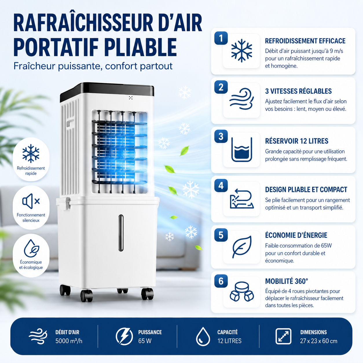 Rafraîchisseur d'Air Pliable Rechargeable 12L – Sans Fil (DC), Brume Rafraîchissante, 3 Vitesses sur Roulett