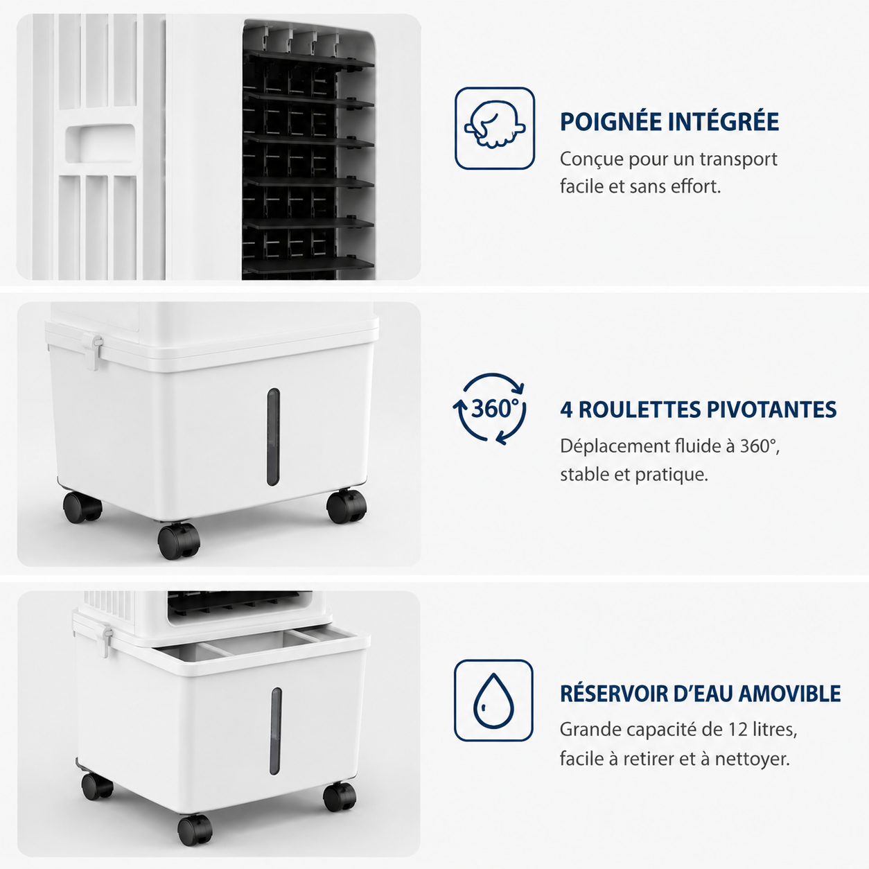 Rafraîchisseur d'Air Pliable Rechargeable 12L – Sans Fil (DC), Brume Rafraîchissante, 3 Vitesses sur Roulett