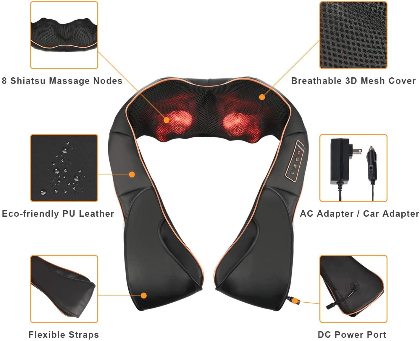 Coussin de Massage Shiatsu avec Chaleur pour Nuque, Épaules & Dos (V2)