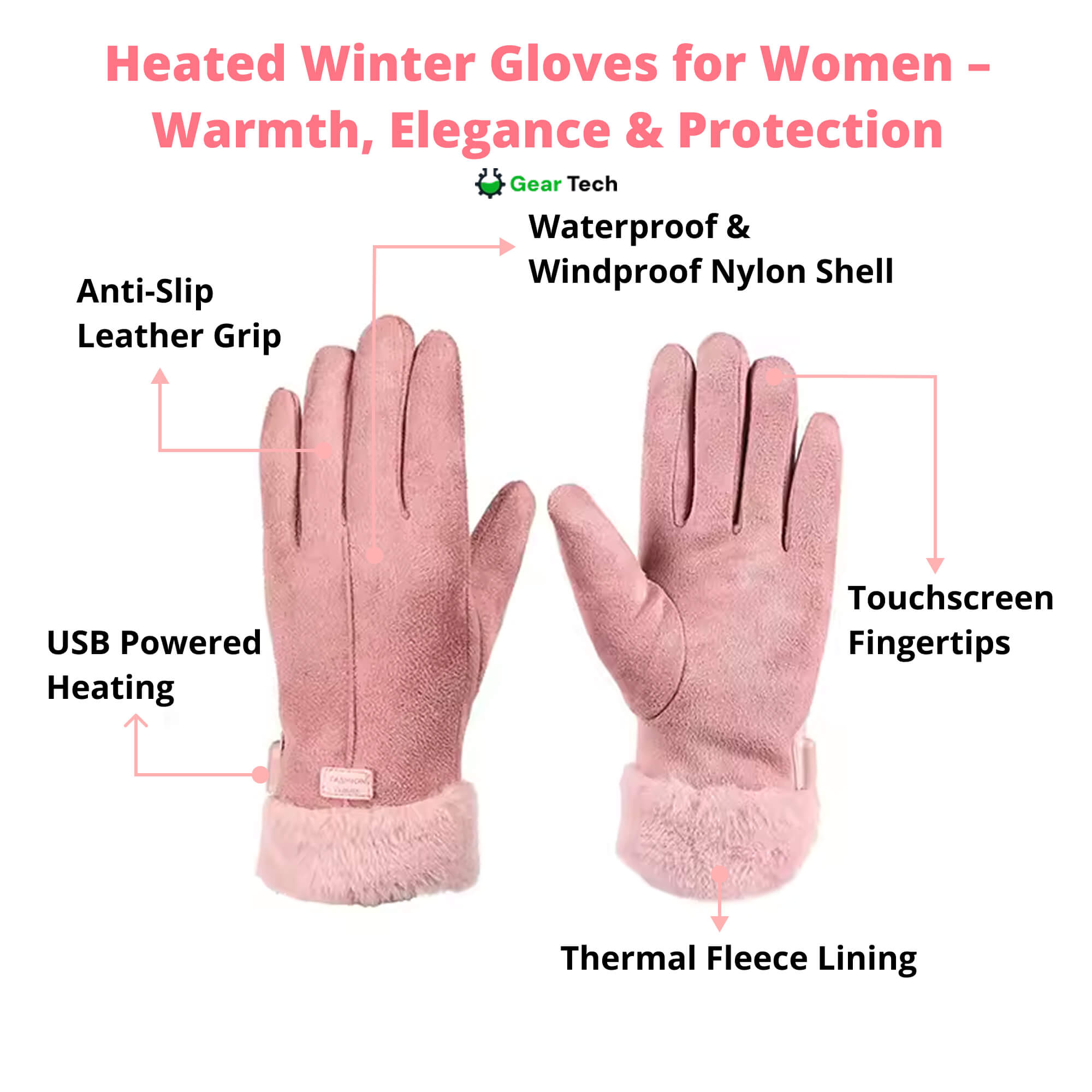 Gants chauffants pour femmes - gants d'hiver thermiques imperméables avec écran tactile et chauffage USB rechargeable