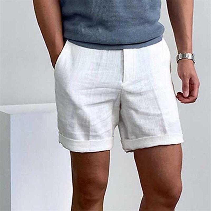 Shorts de plage en lin pour homme à taille élastique et coupe confortable.