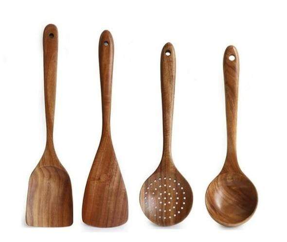 Ensemble 4 pièces d'ustensiles de cuisine en teck massif fabriqués à la main, anti-rayures et résistants à la chaleur