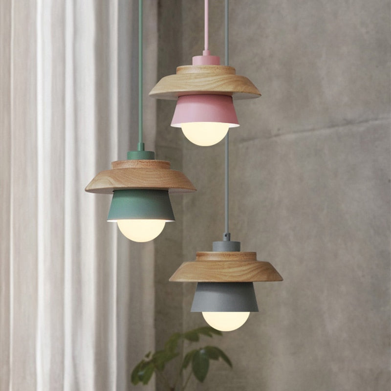 Lampe suspendue Bois Aluminium Scandinave Noir Rose Vert Gris Blanc E27 Salon Salle à manger | Sansotis