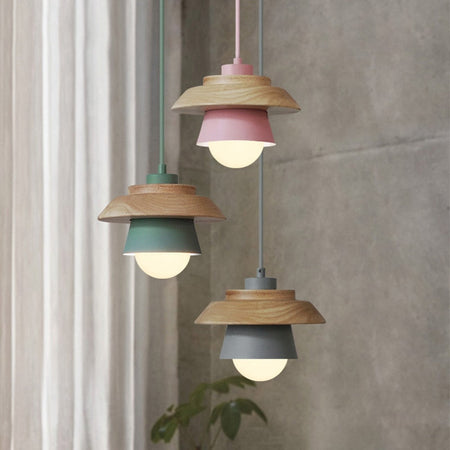 Lampe suspendue Bois Aluminium Scandinave Noir Rose Vert Gris Blanc E27 Salon Salle à manger | Sansotis