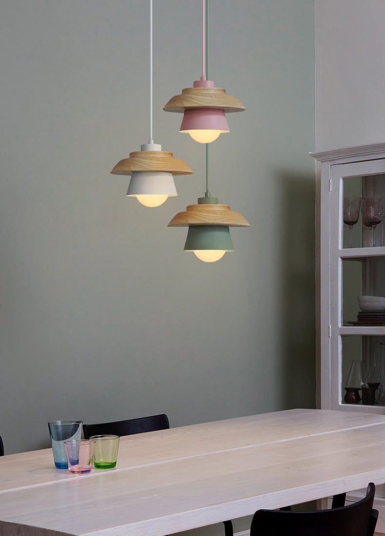 Lampe suspendue Bois Aluminium Scandinave Noir Rose Vert Gris Blanc E27 Salon Salle à manger | Sansotis