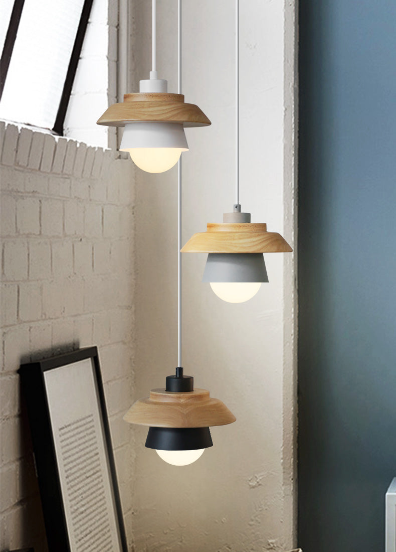Lampe suspendue Bois Aluminium Scandinave Noir Rose Vert Gris Blanc E27 Salon Salle à manger | Sansotis