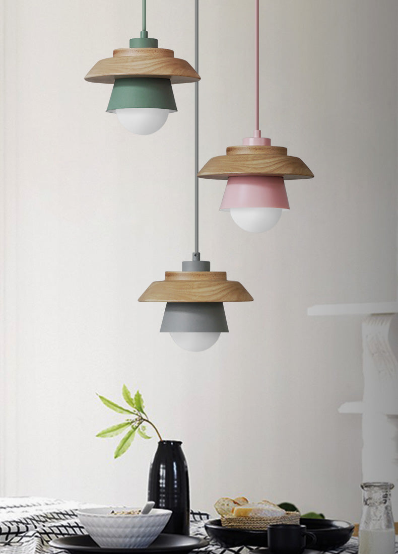 Lampe suspendue Bois Aluminium Scandinave Noir Rose Vert Gris Blanc E27 Salon Salle à manger | Sansotis