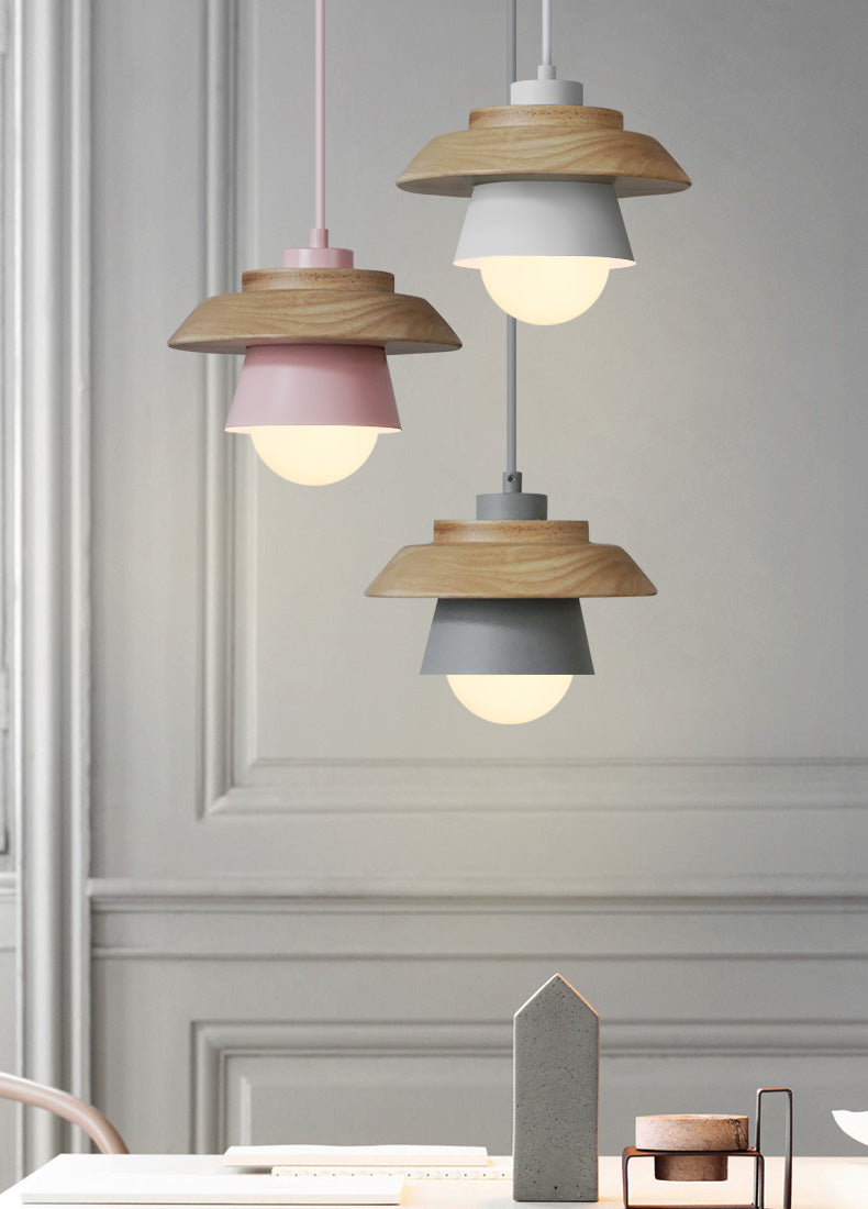 Lampe suspendue Bois Aluminium Scandinave Noir Rose Vert Gris Blanc E27 Salon Salle à manger | Sansotis