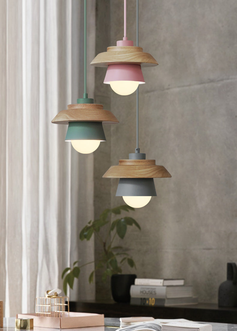Lampe suspendue Bois Aluminium Scandinave Noir Rose Vert Gris Blanc E27 Salon Salle à manger | Sansotis