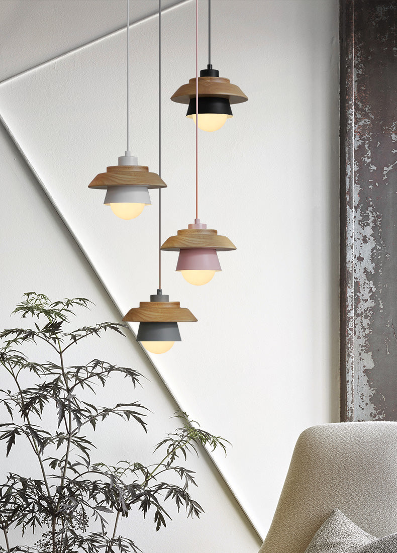 Lampe suspendue Bois Aluminium Scandinave Noir Rose Vert Gris Blanc E27 Salon Salle à manger | Sansotis