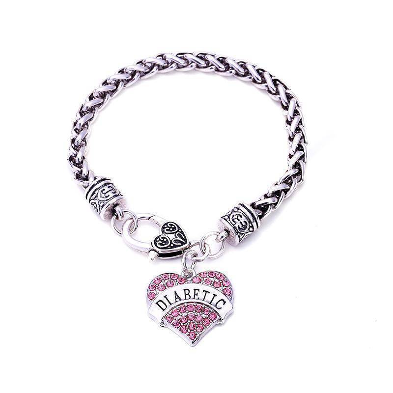 Bracelet d’identification d’alerte médicale diabétique pour femmes - Coeurs en cristal rose, bleu, clair ou rouge - Diabète