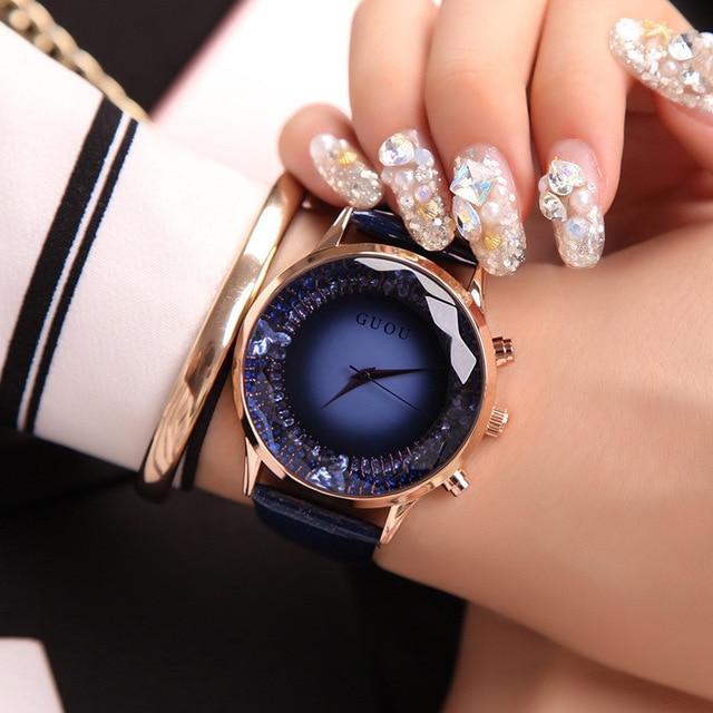 Montre pour femme en cuir véritable avec diamants de luxe bleu nuit (synthétique)