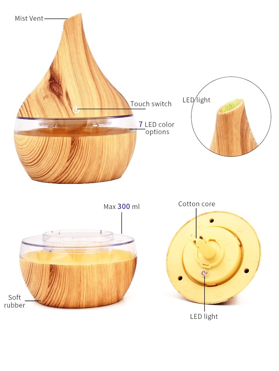 Diffuseur ultrasonique d'huile essentielle d'humidificateur d'air électrique de grain en bois