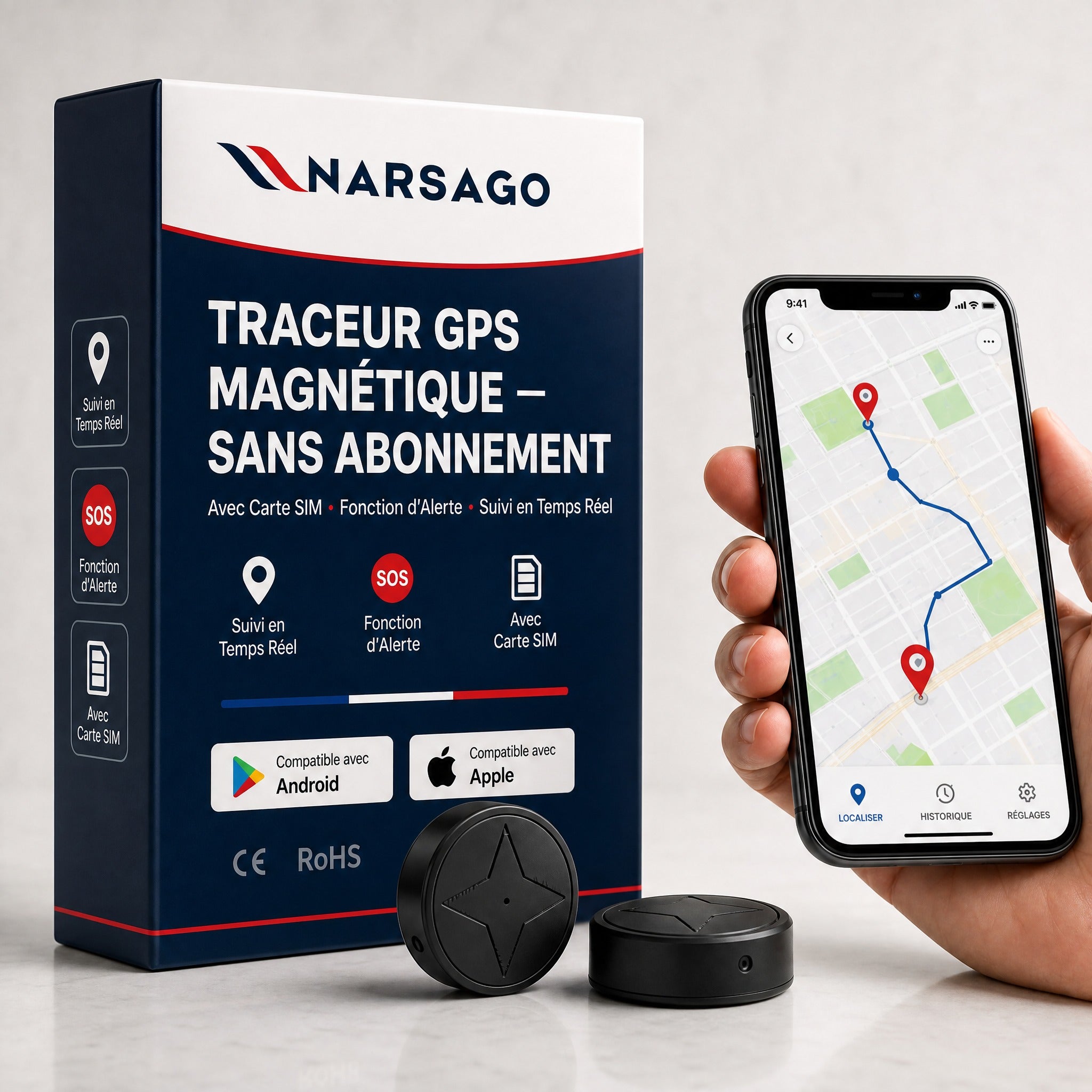 Traceur GPS Narsago Sans Abonnement - Magnétique & Discret avec Alertes #1