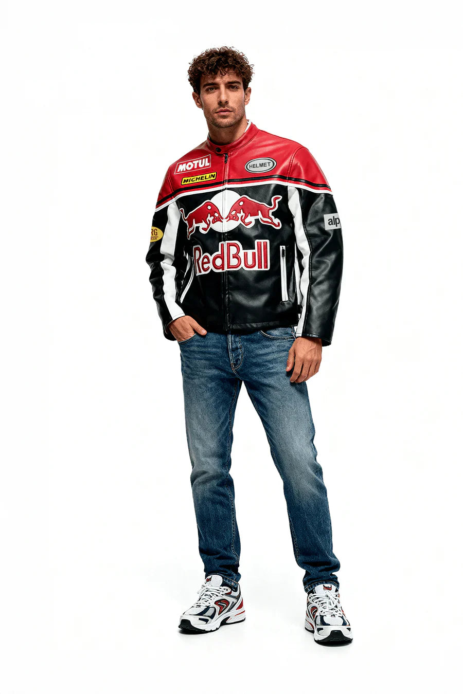 Veste en cuir Red Bull Vintage Racing – Unisexe – Rétro